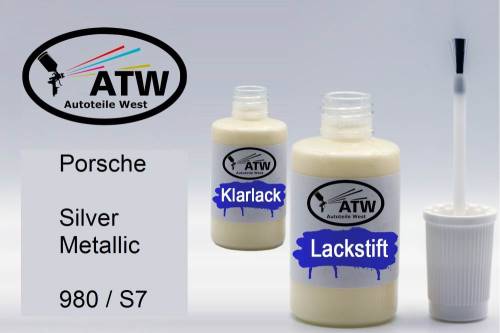 Porsche, Silver Metallic, 980 / S7: 20ml Lackstift + 20ml Klarlack - Set, von ATW Autoteile West.
